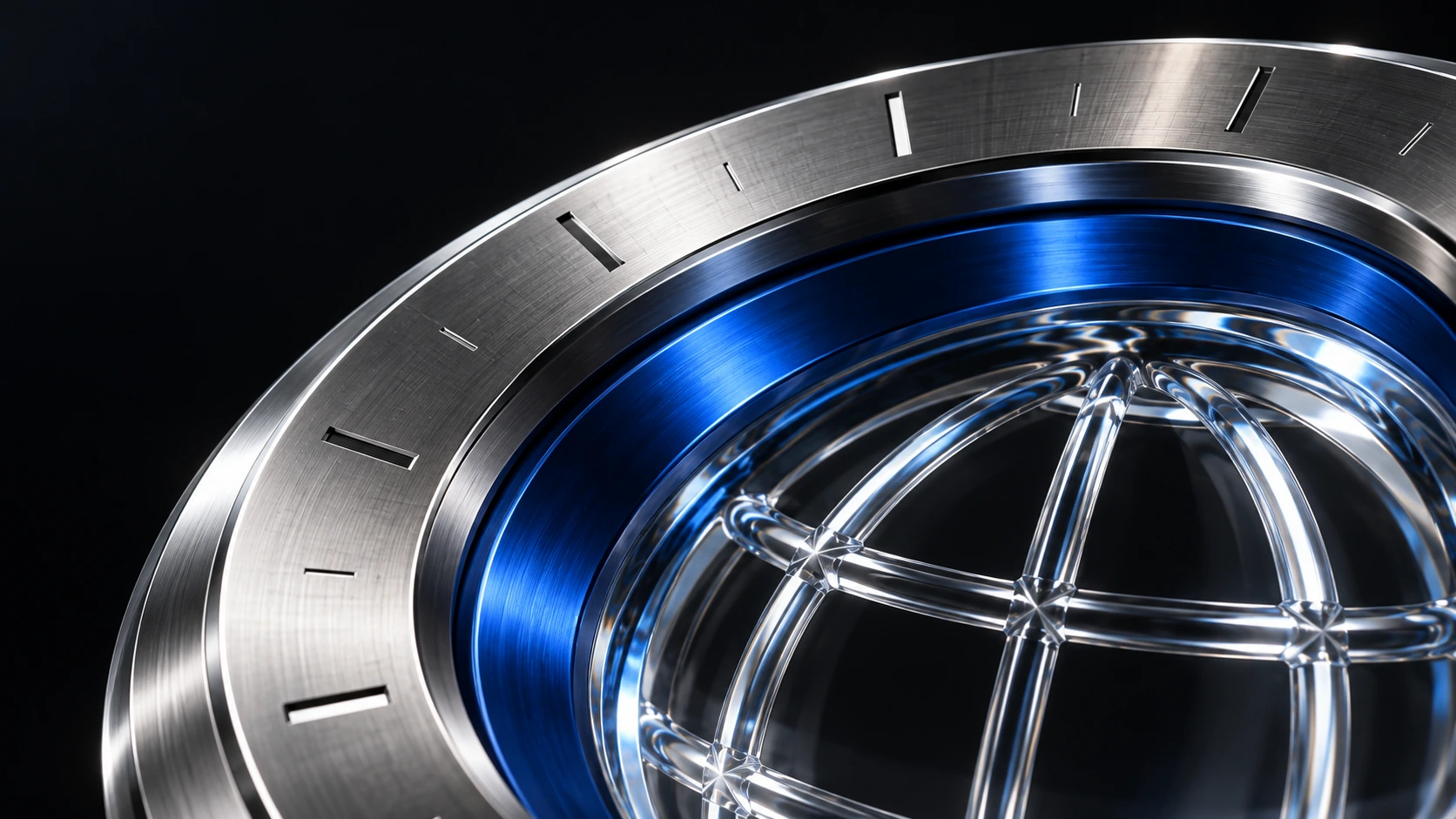 A detailed view of GlobalTech-Ai’s glass globe inside a finely machined silver and cobalt ring